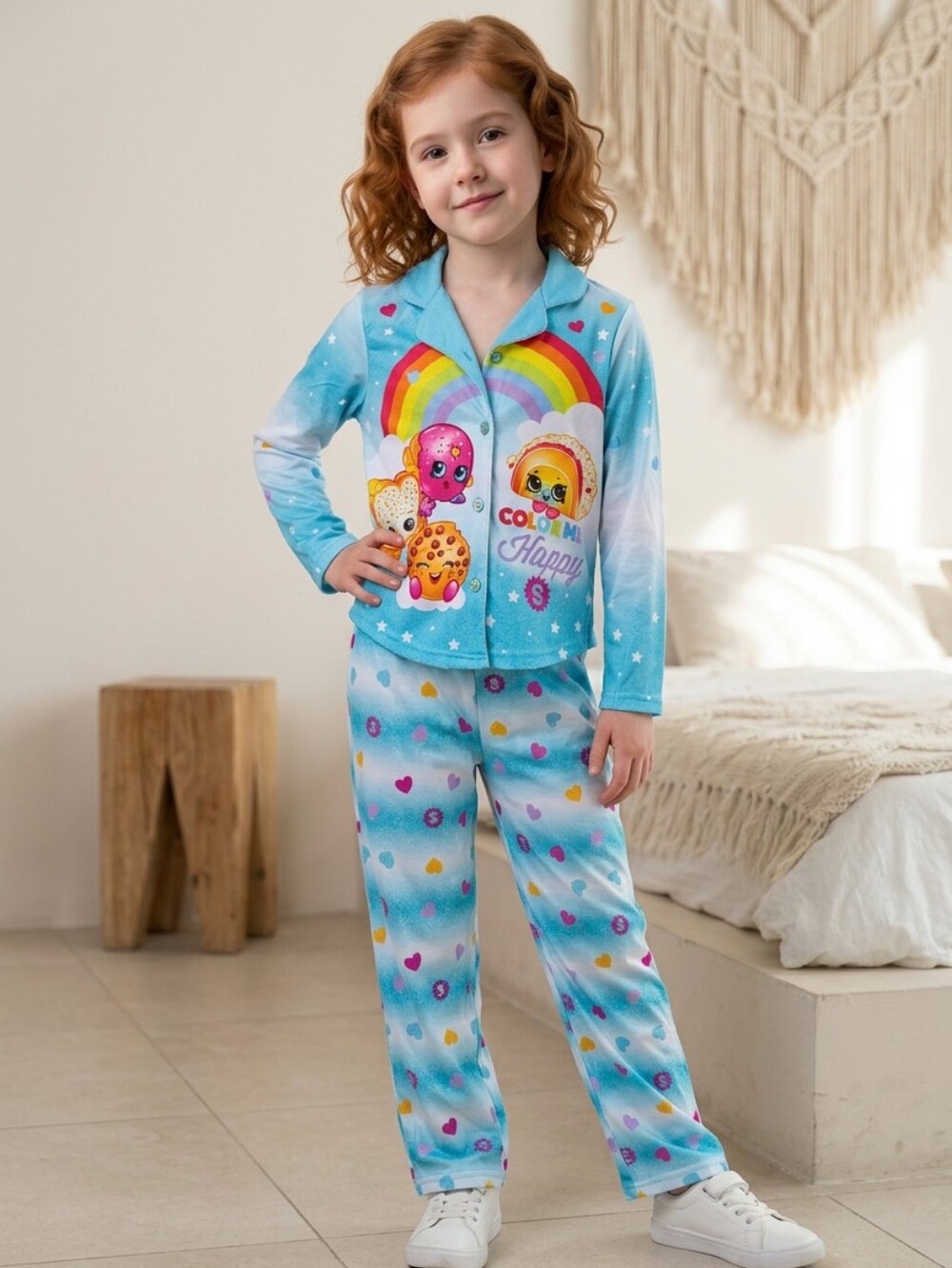 Shopkins Girls M 7/8 Blue Rainbow Color Me Happy Pajamas Two-piece PJ Sleep Set